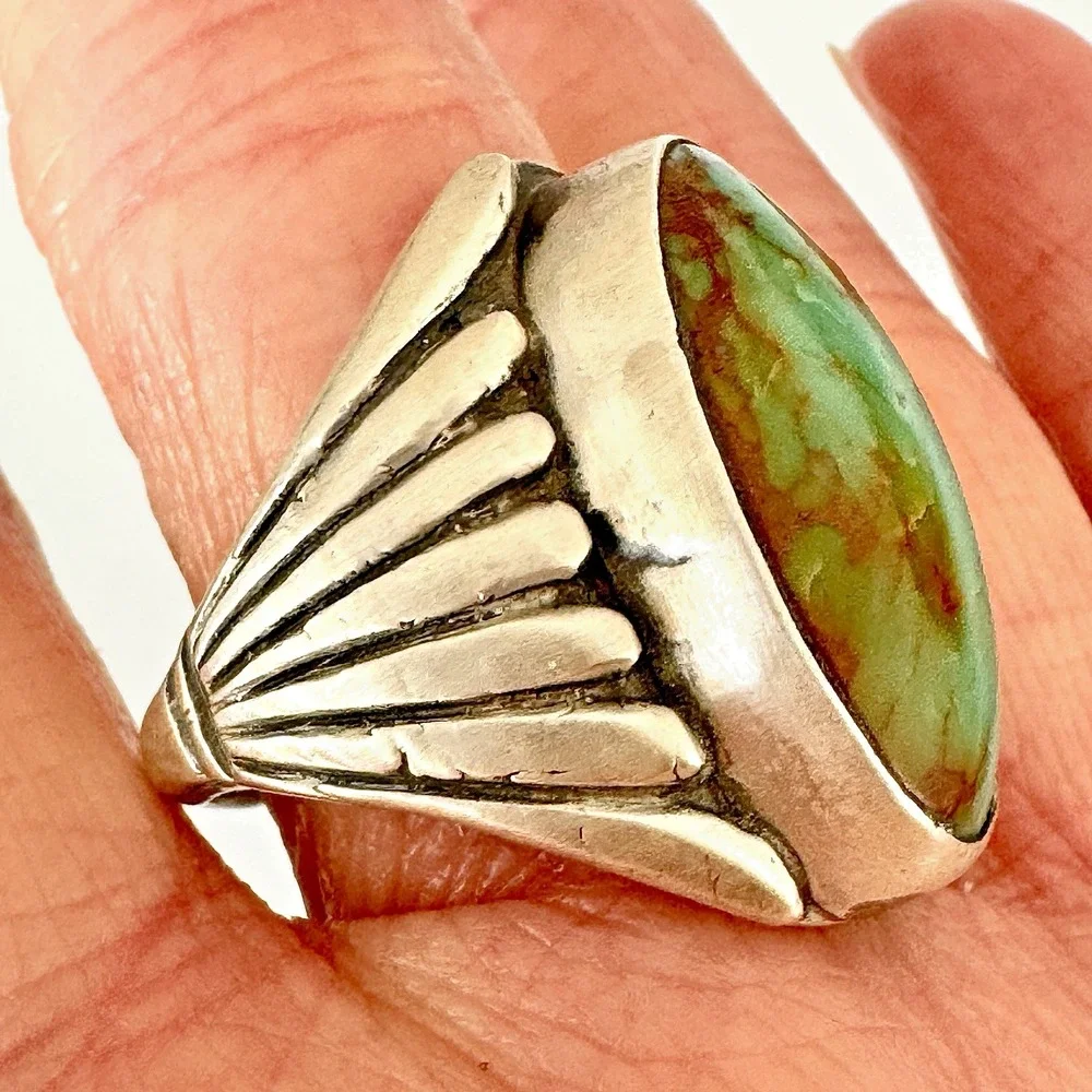 Big Navajo Mens Turquoise Ring Sz 10 Sterling Signed R Fans 24g Handmade Native